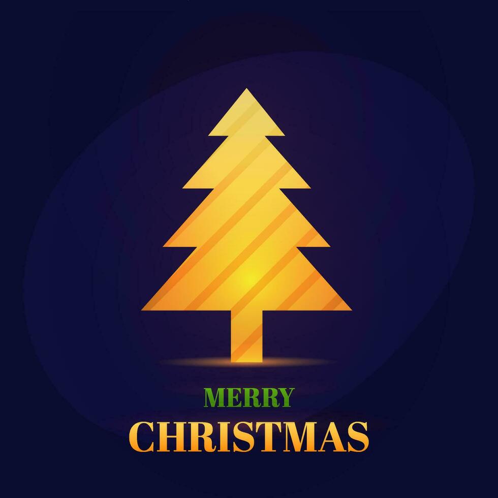 Merry Christmas Font With Golden Xmas Tree On Blue Background. vector