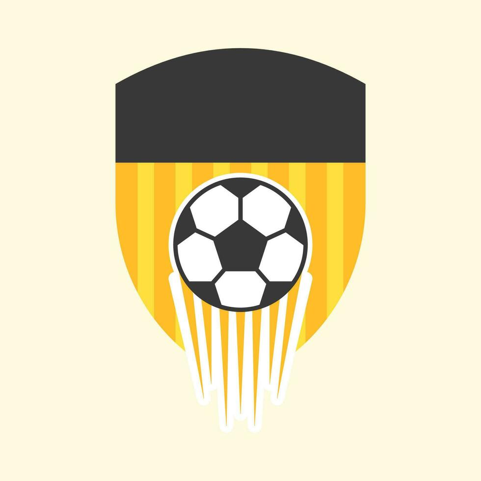 Fast Moving Soccer Ball Against Black And Yellow Shield Background. vector