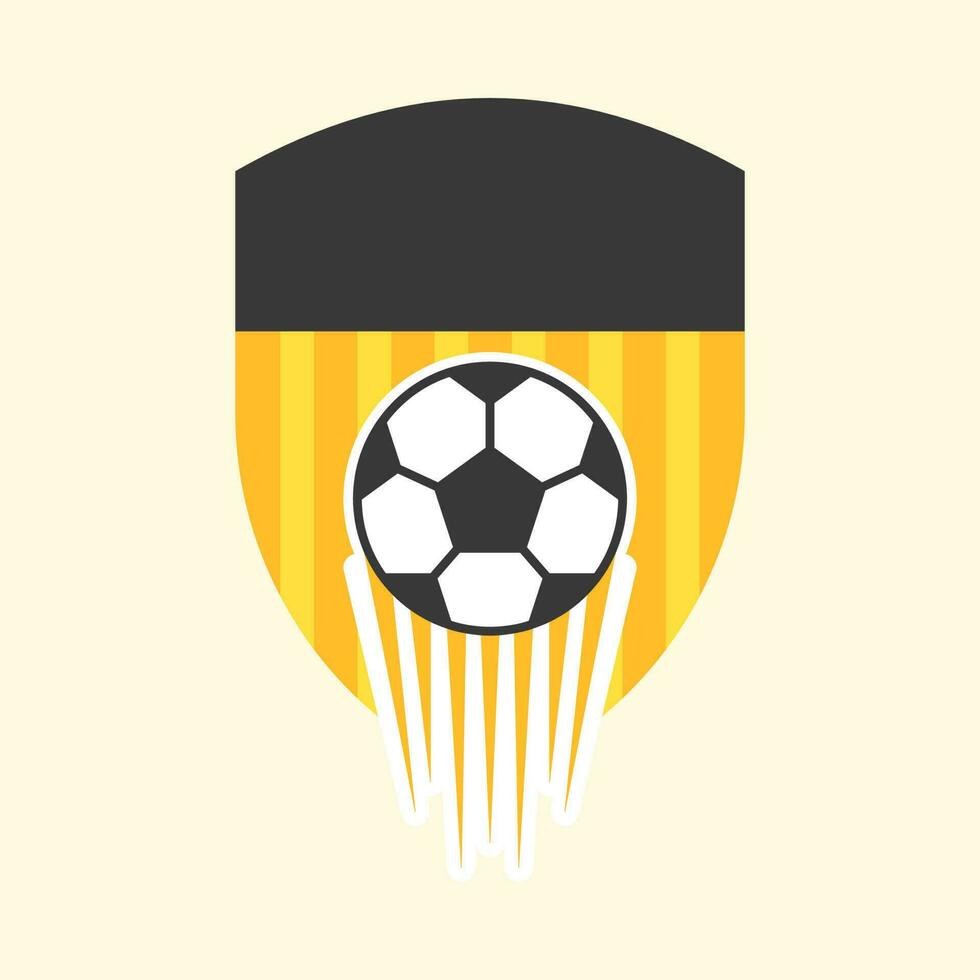 Fast Moving Soccer Ball Against Black And Yellow Shield Background. vector