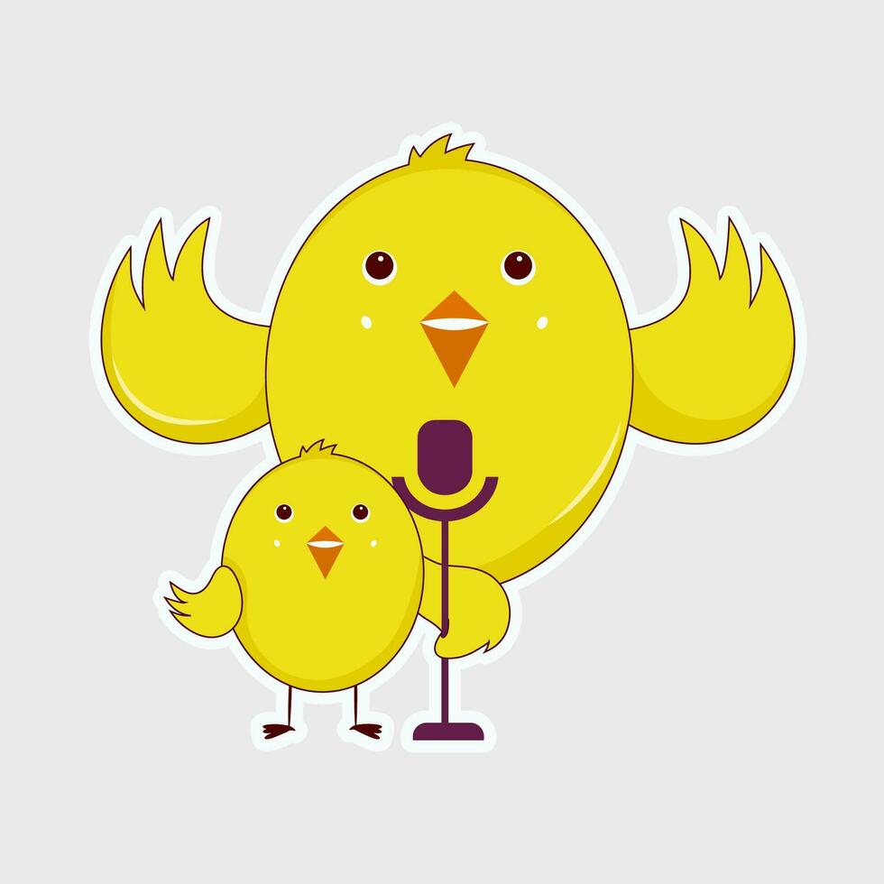 Sticker Style Bird Couple With Microphone On Grey Background. vector