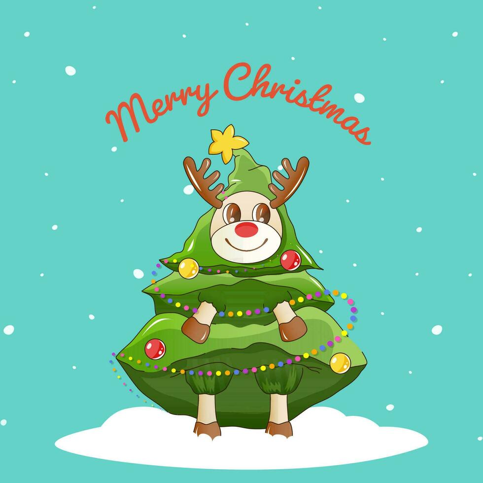 alegre Navidad celebracion saludo tarjeta con dibujos animados reno vistiendo Navidad árbol disfraz en contra azul nevada antecedentes. vector