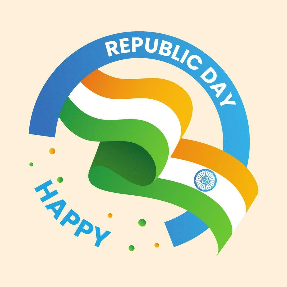 Happy Republic Day Text With Circle Frame And Wavy Indian Flag On Peach Background For India National festival Celebration. vector