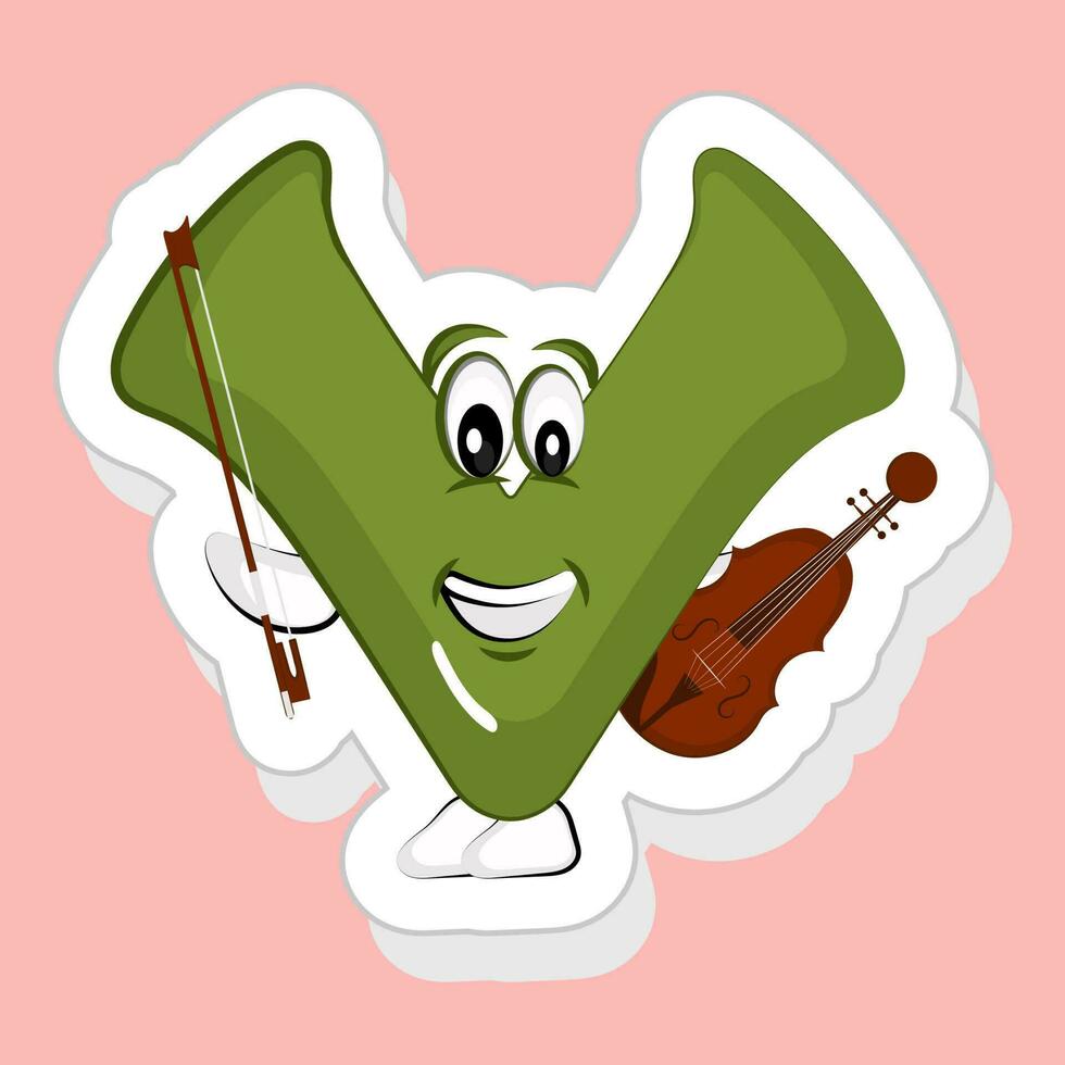 pegatina estilo verde v alfabeto dibujos animados personaje jugando violín en rosado antecedentes. vector