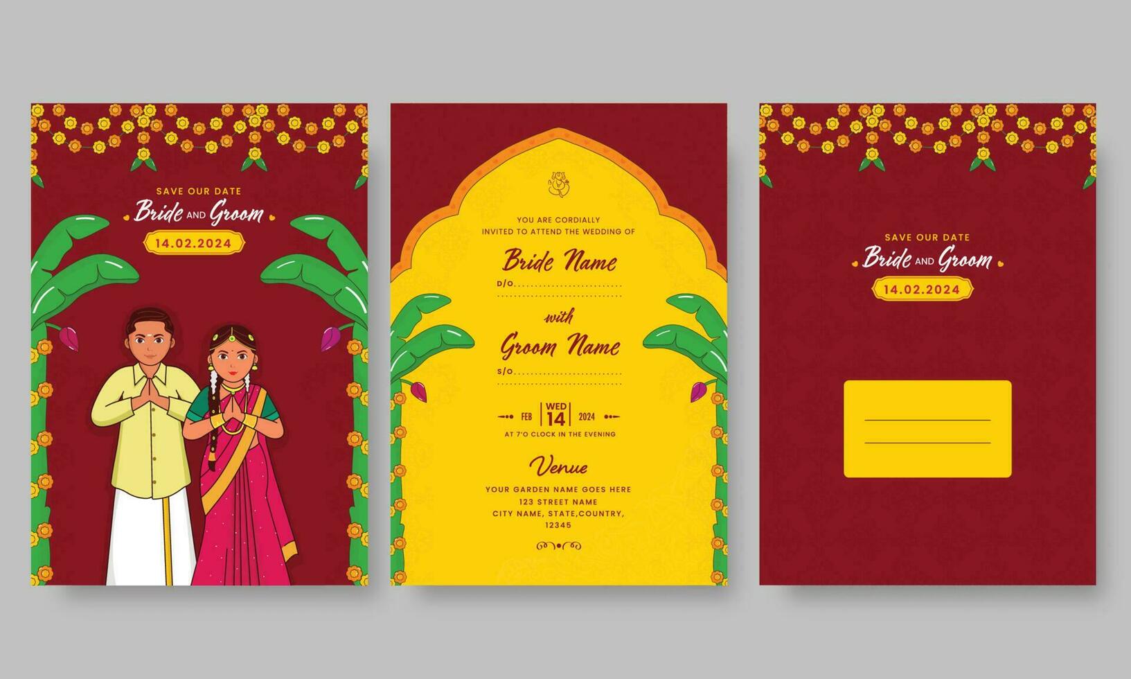 Boda invitación tarjeta modelo diseño con sur indio Pareja saludo namaste y sobre ilustración. vector