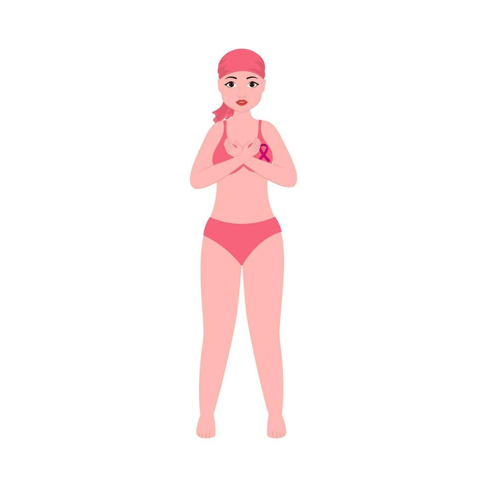 calvo joven niña vistiendo bikini con rosado cruzar cinta en blanco antecedentes. vector