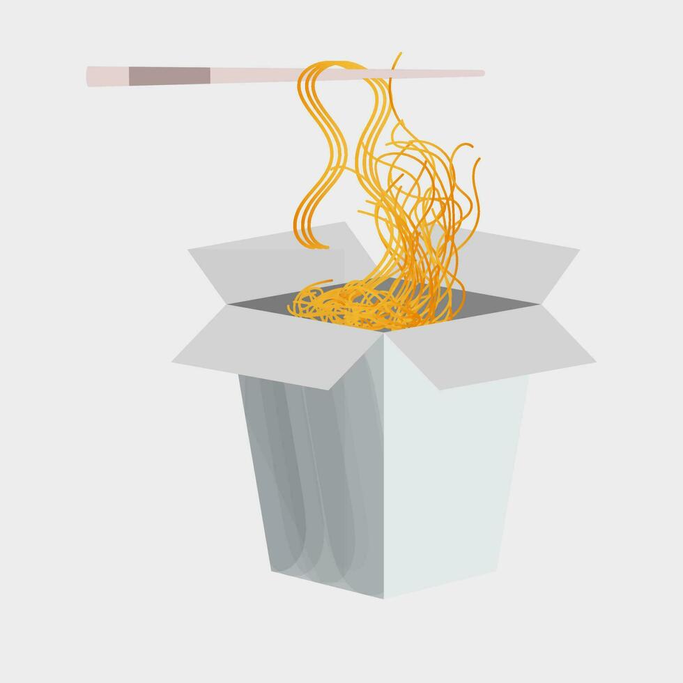 Realistic View Of Chopsticks Holding Noodles From Package Box. vector