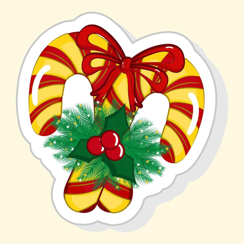 Sticker Style Candy Stick With Decorative Holly Berry Leaves, Bow Ribbon Icon In Flat Style. vector