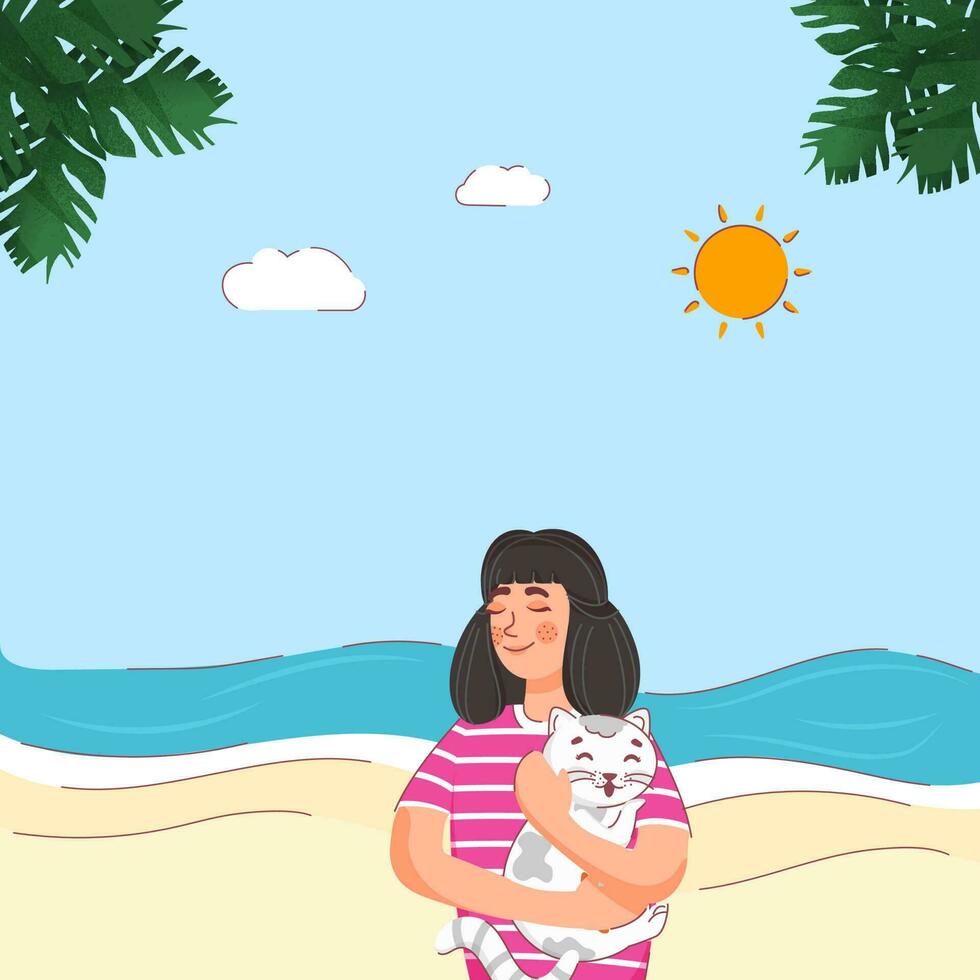 vector ilustración de joven niña abrazando gato en Brillo Solar playa ver antecedentes.