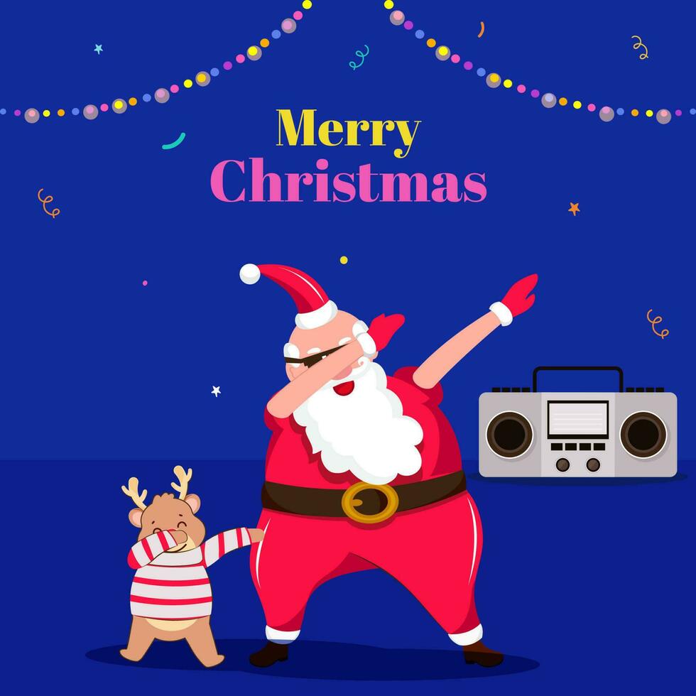 Illustration Of Santa Claus With Reindeer Performing Dab Dance Against Blue Background For Merry Christmas Celebration. vector