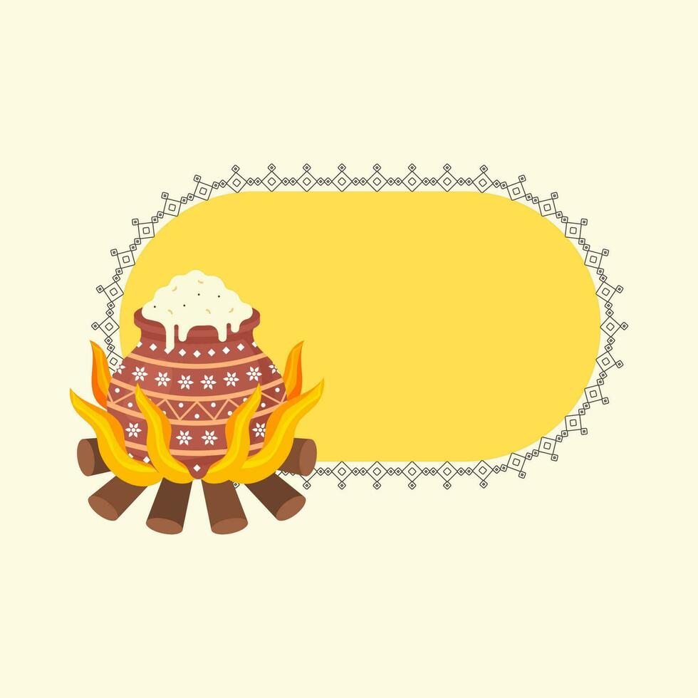 plano estilo arroz arcilla maceta en ardiente madera en contra oval amarillo antecedentes con Copiar espacio. vector