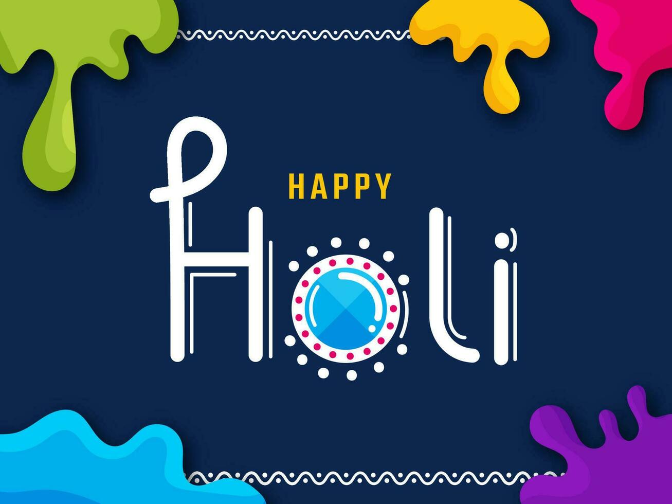 Happy Holi Lettering With Top View Gulal Pot And Paint Color Splash On Blue Background. vector