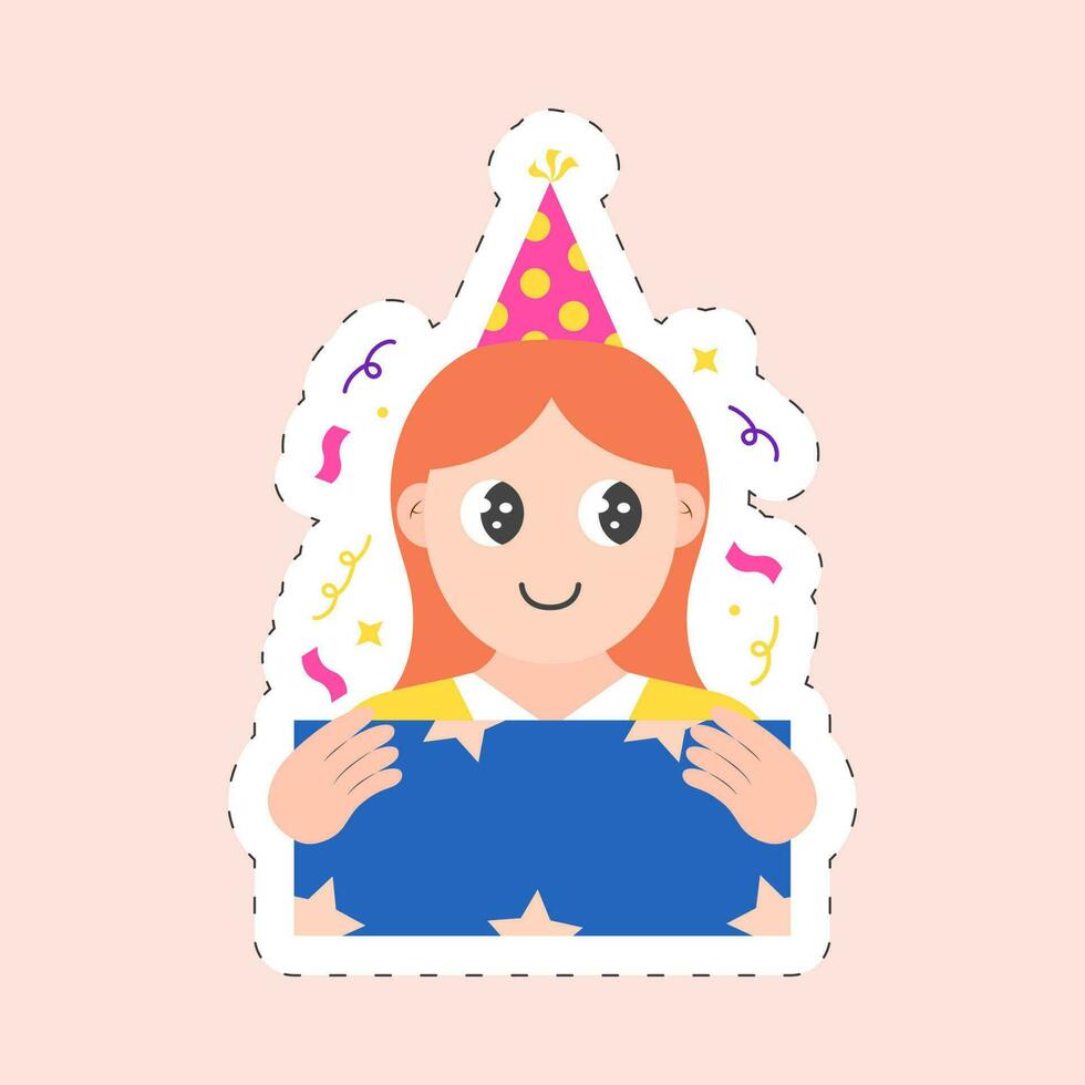 Sticker Style Happy Little Girl Wearing Party Hat and Holding Present Icon In Peach Background. vector