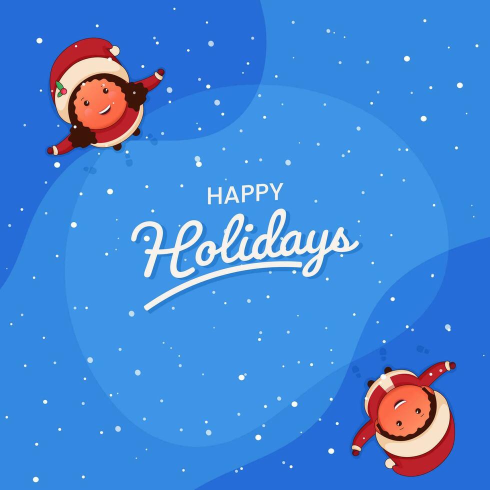 Happy Holidays Celebration Concept With Cheerful Kids Looking Up And Enjoying The Snowfall Against Blue Background. vector