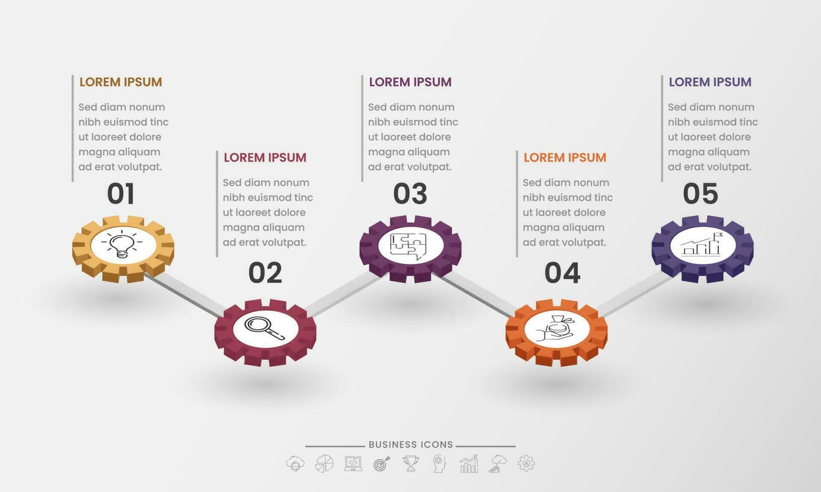 Presentation Business Infographic Diagram Template With Five Options And 3D Cogwheel On White Background. vector