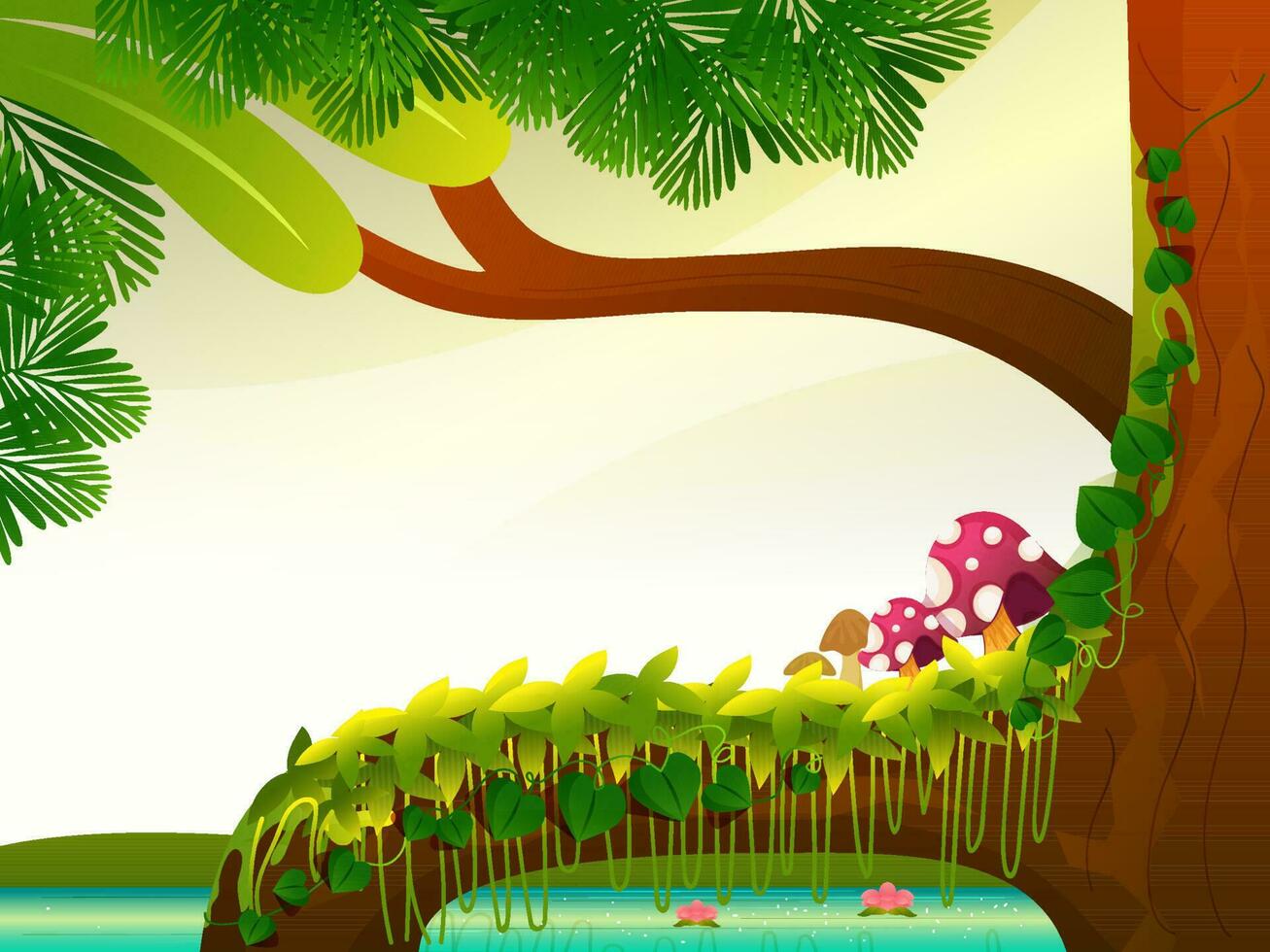 Enchanted Forest Background With Tree Decorated By Vine, Mushroom. vector