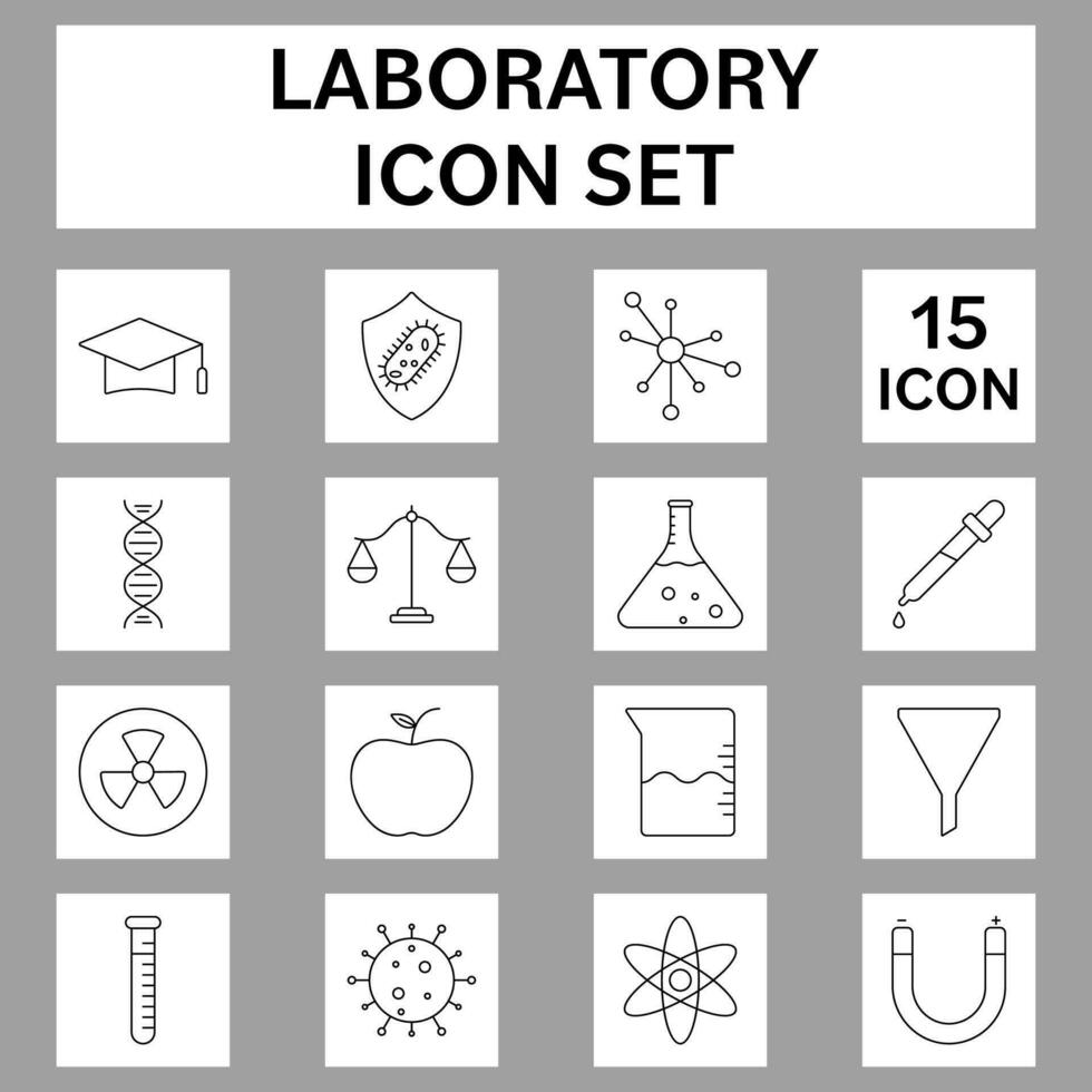 Black Lineal Style Laboratory Icon Or Symbol Set On Grey Square Background. vector