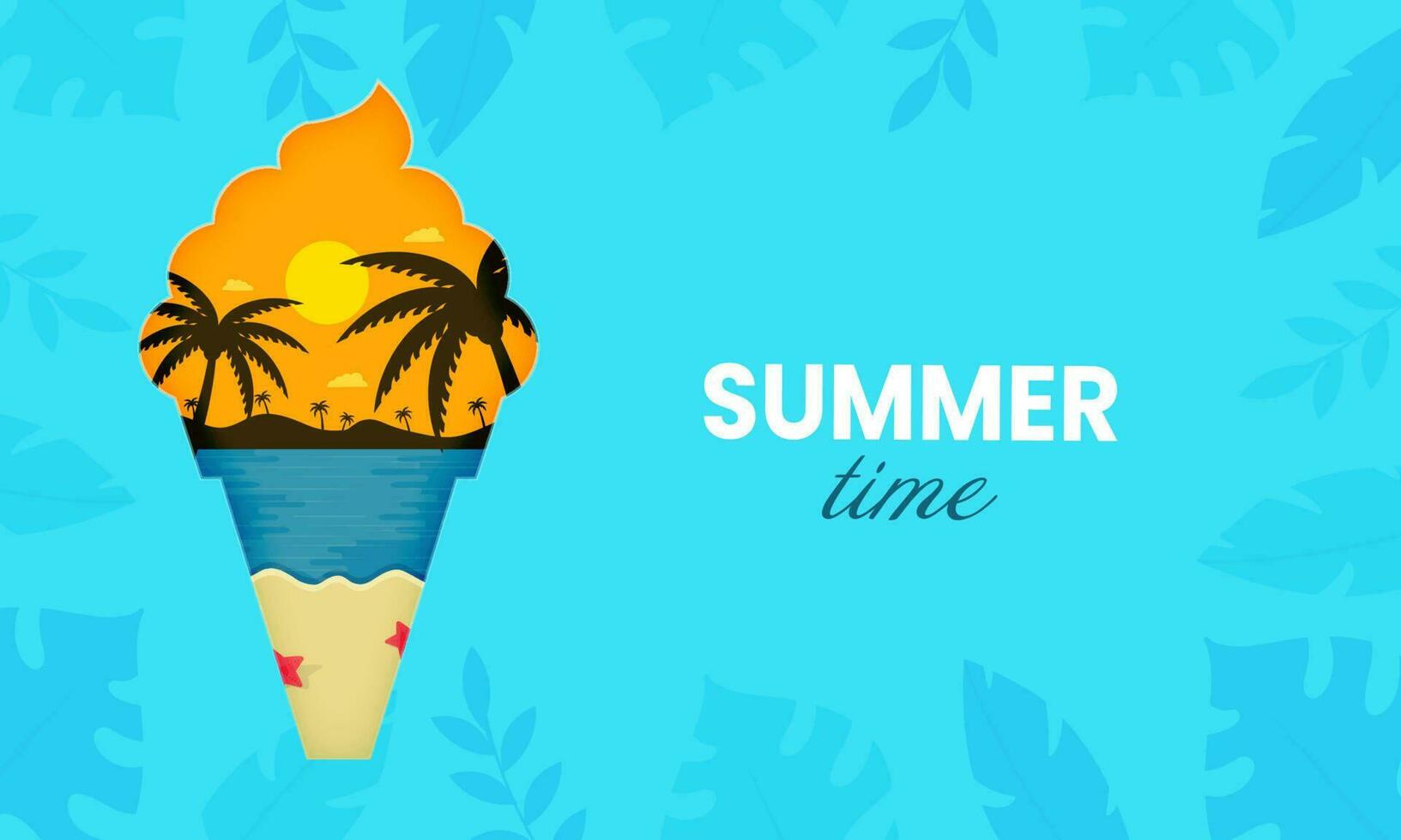 Summertime Concept With Sun Beach View Inside Ice Cream Cone On Blue Tropical Leaves Background. vector