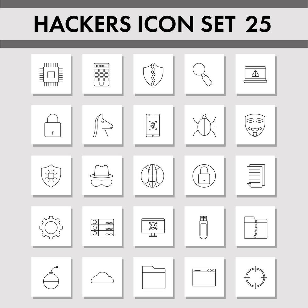 Set Of Hacker Square Icons In Black Outline. vector