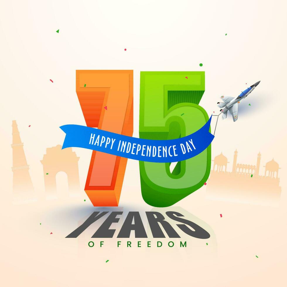 75 Years of Indian Independence Day Celebration Concept with Fighter Jet on Famous Monuments Background. vector