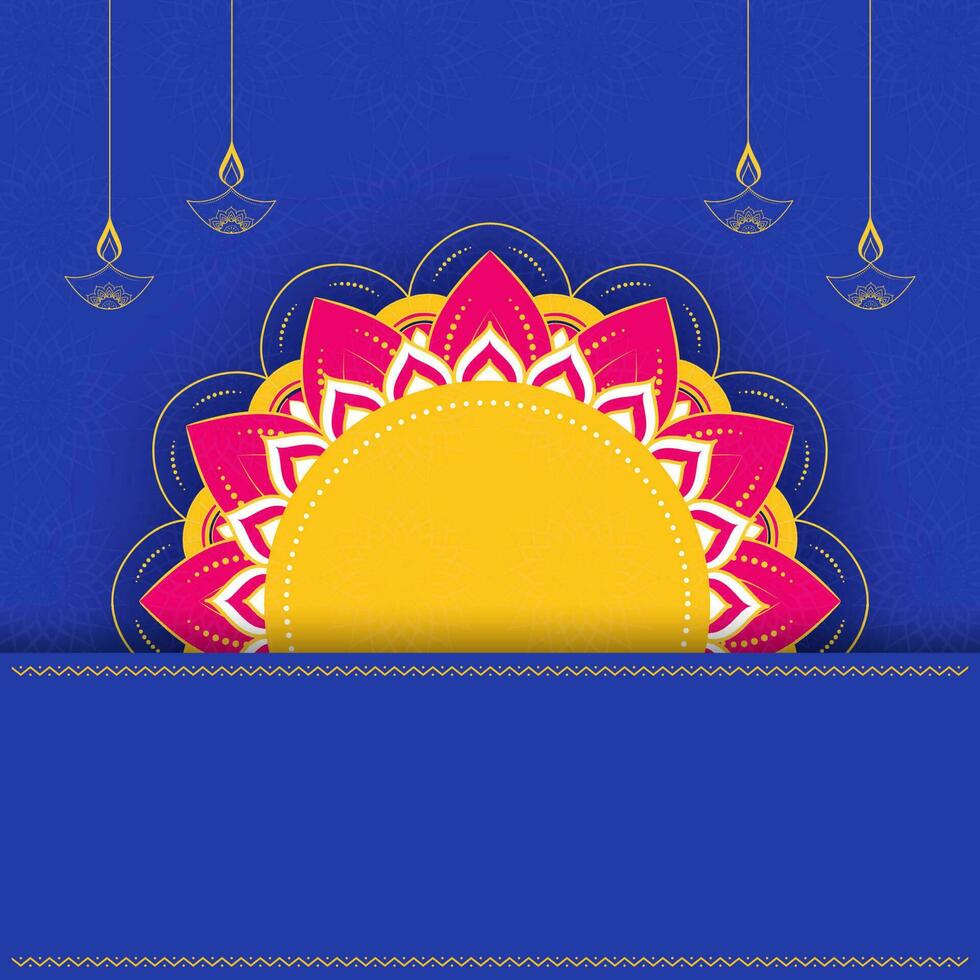 blanco floral o mandala marco y iluminado petróleo lamparas colgar en azul antecedentes. vector