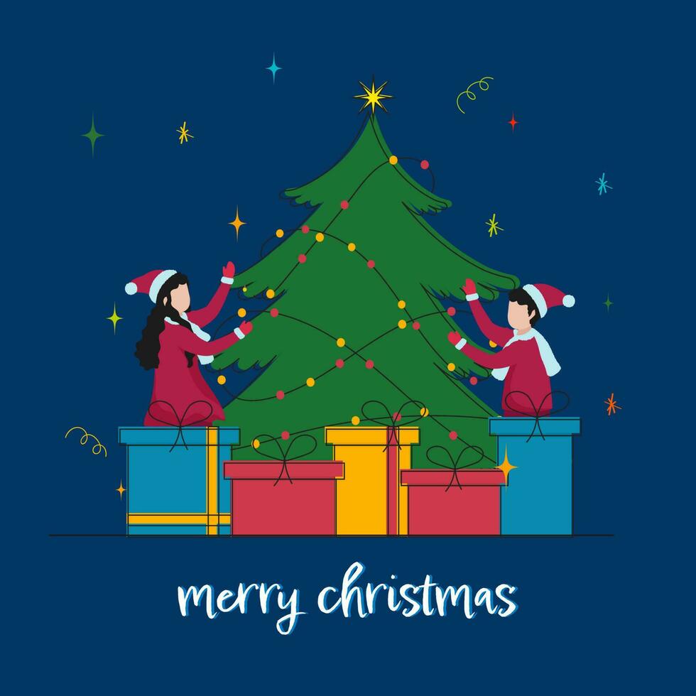 Merry Christmas Greeting Card With Faceless Kids Decorating Xmas Tree And Gift Boxes Against Blue Background. vector