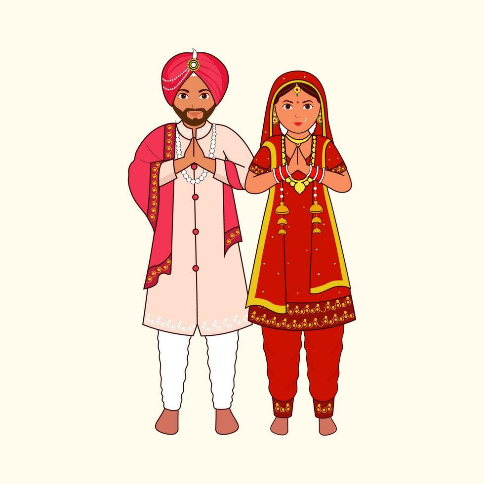 sij Boda Pareja saludo namaste en tradicional vestir en cósmico latté antecedentes. vector