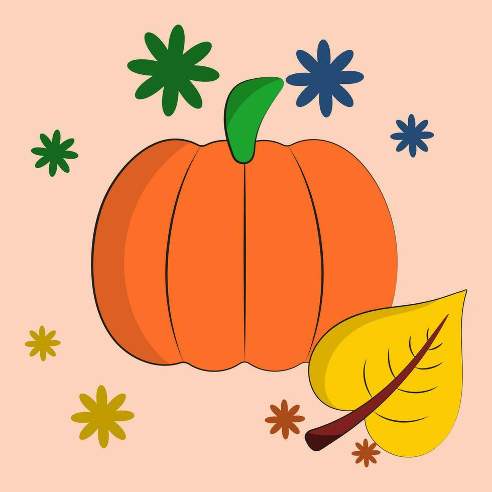 Flat Pumpkin With Leaf And Flowers Over Peach Background. vector