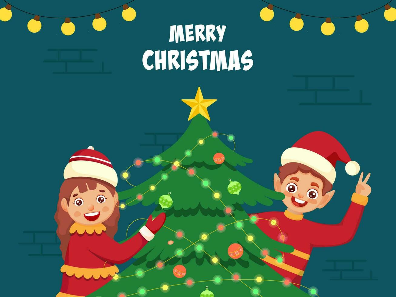 Merry Christmas Celebration Poster Design With Cheerful Girl And Elf Boy Presenting Decorative Xmas Tree On Teal Blue Brick Wall Background. vector