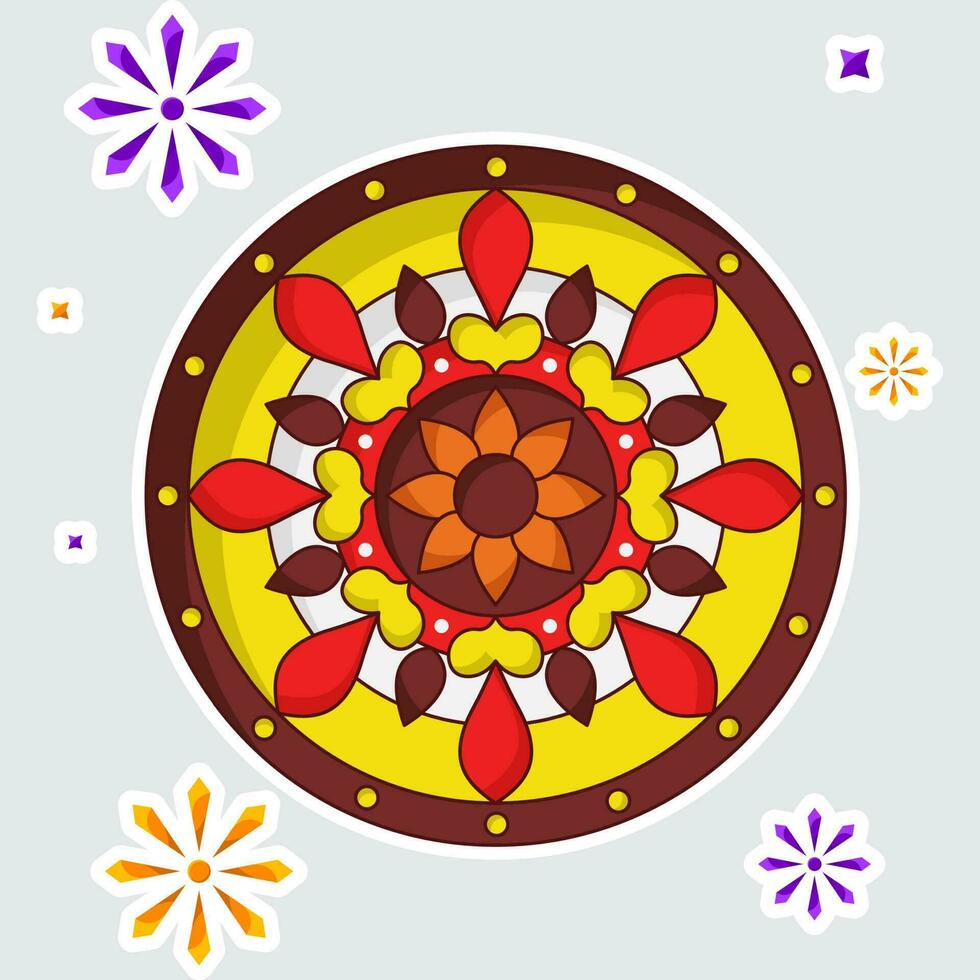 Sticker Style Colorful Mandala Agaisnt Stars Grey Background. vector