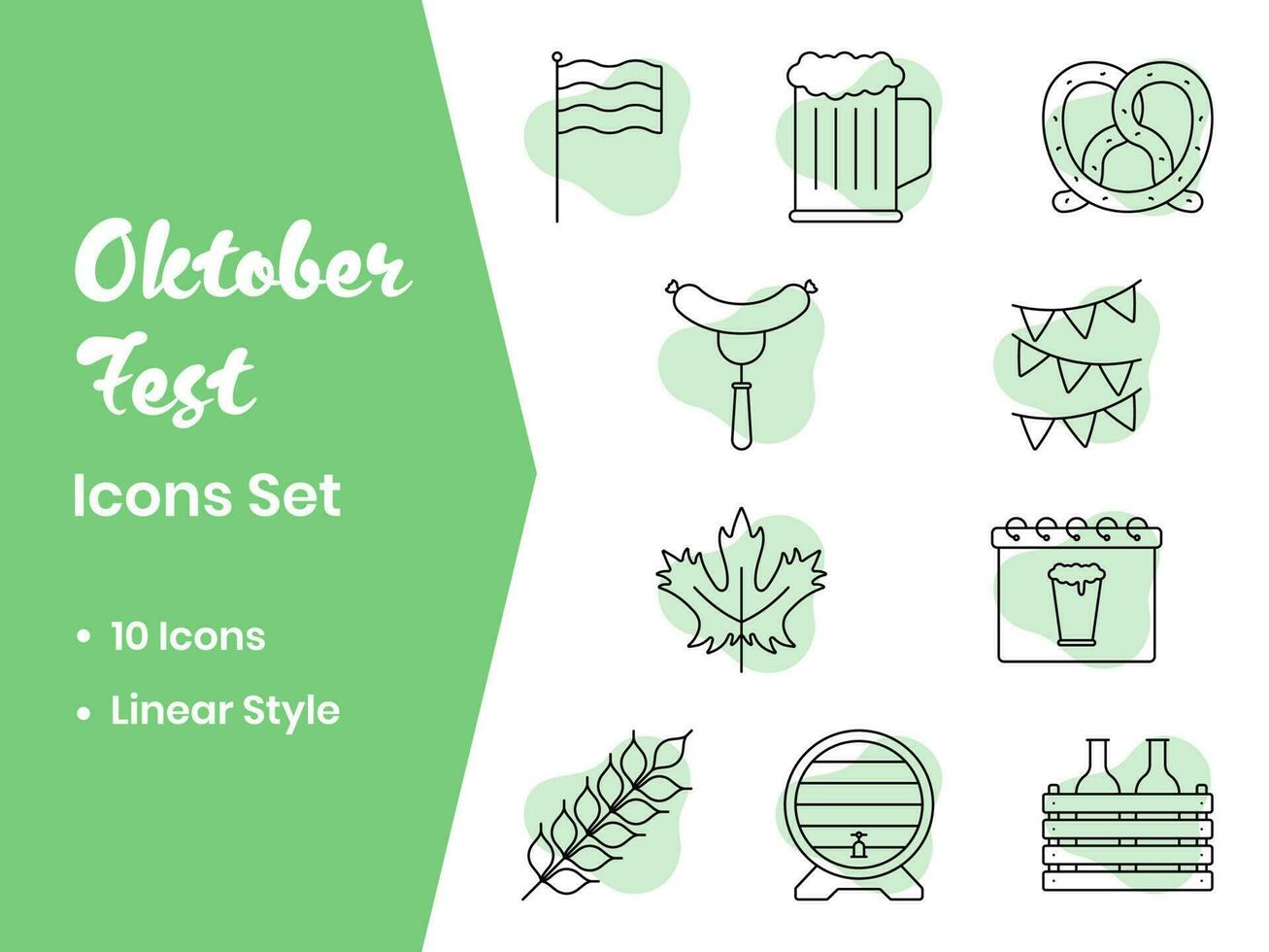 Illustration Of Oktoberfest Linear Style Icons Set On White And Green Background. vector