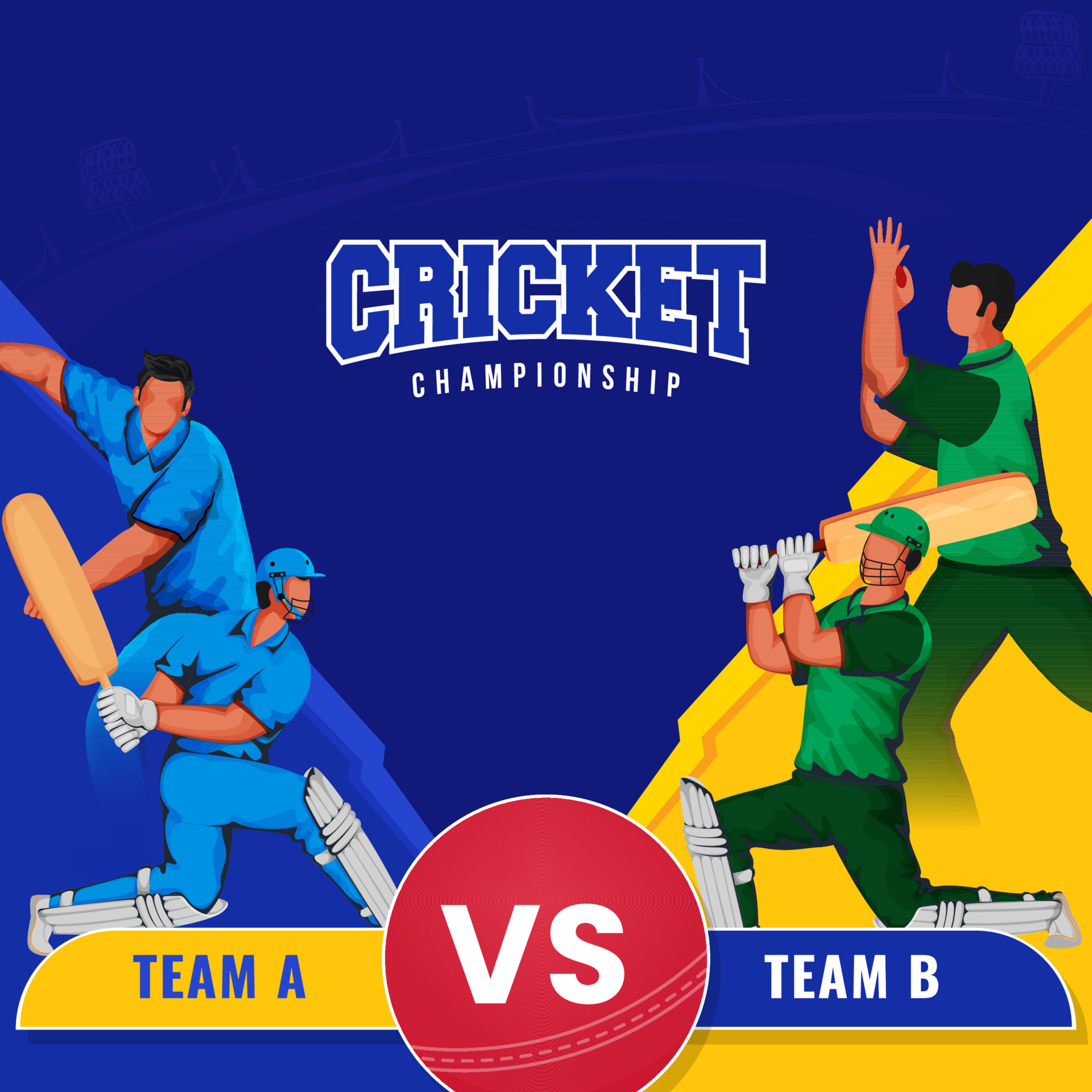 Cricket Match Between Team A VS B Of Cricketer Players On Yellow And 