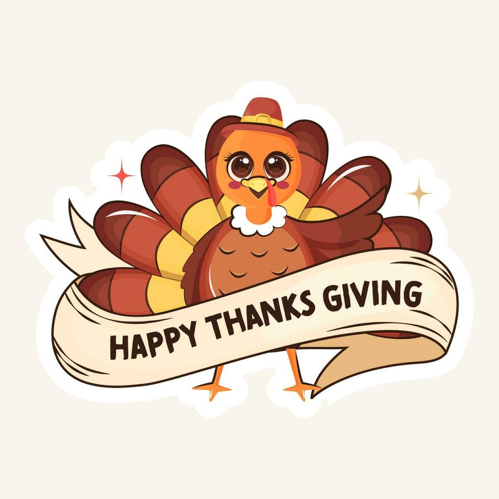Happy Thanksgiving Sticker or Label With Smiling Turkey Bird and Ribbon. vector