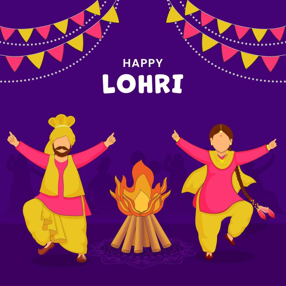 Happy Lohri Celebration Concept With Cartoon Punjabi Couple Performing Bhangra Dance, Bonfire Illustration And Bunting Flags Decorated On Purple Background. vector