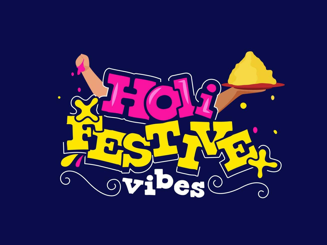 Colorful Holi Festival Vibes Font With Human Hands Holding Color Powder Against Blue Background. vector