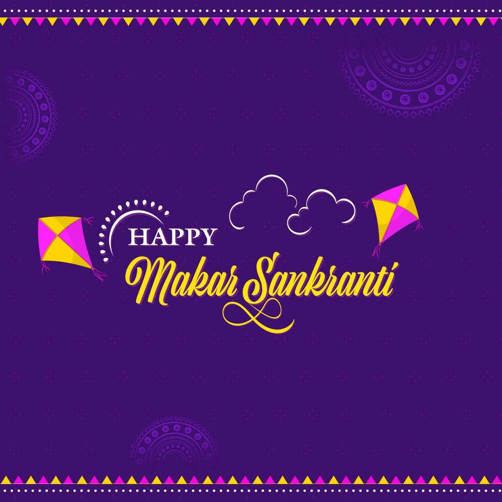 Happy Makar Sankranti Font With Kites On Purple Mandala Background. vector