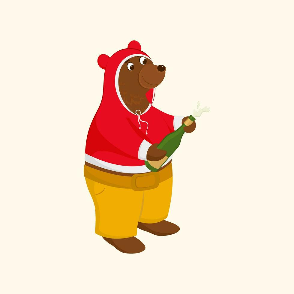 Cartoon Bear Uncorking Or Spraying Bottle Of Champagne In Woolen Clothes Against Beige Background. vector
