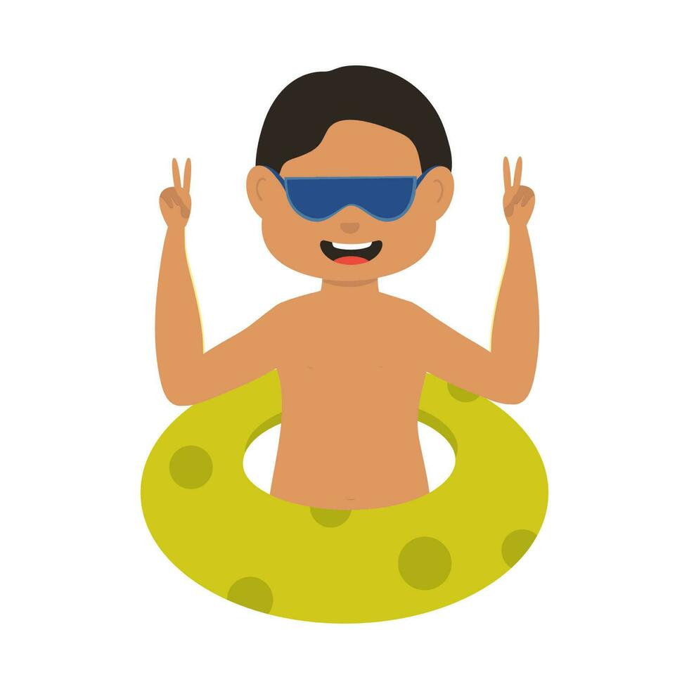 Cheerful Swimmer Boy With Lifebuoy On White Background. vector