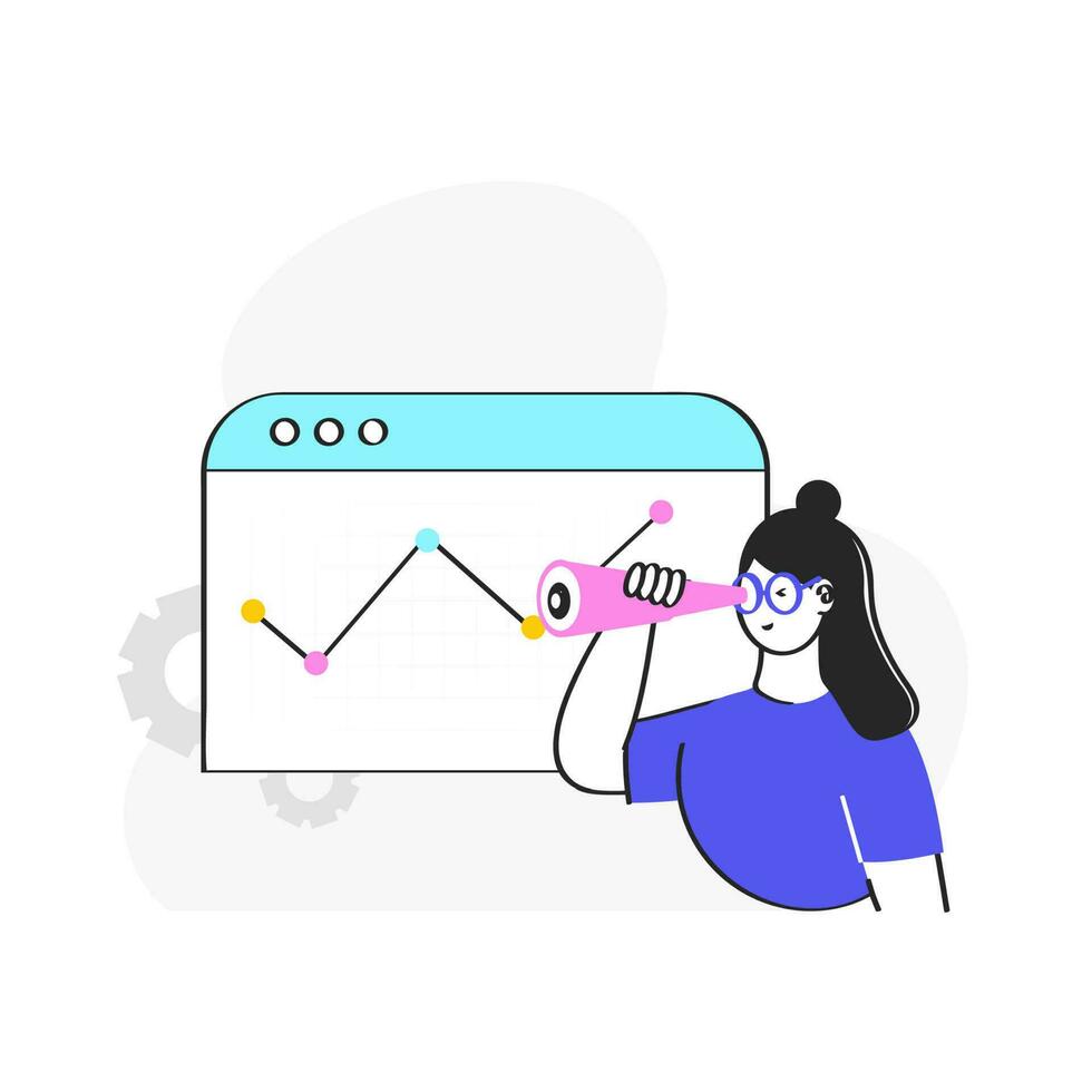 Vector Illustration Of Female Employee Looking From Spyglass And Web Statistics On White Background.