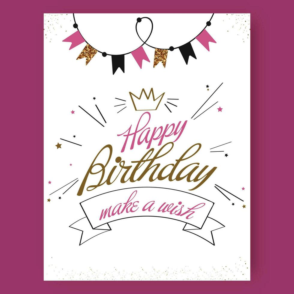 Happy Birthday Greeting Card With Line Art Crown, Stars And Bunting Flags On White Background. vector