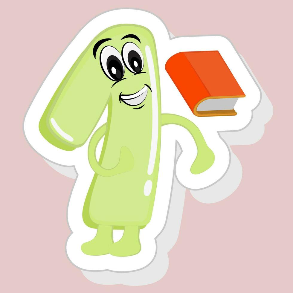 Sticker Style Happy Cartoon 1 Number With Book Icon In Green And Orange Color. vector