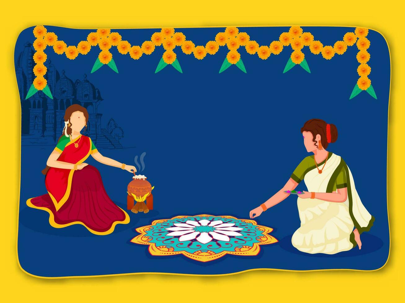 Pongal Celebration Background With Faceless South Indian Women Cooking And Making Rangoli. vector