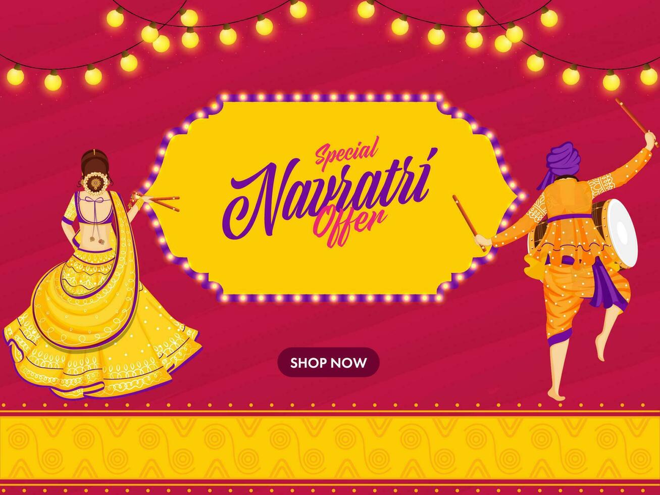 Special Navratri Offer Poster Design With Indian Woman Holding Dandiya Sticks, Drummer Man On Yellow And Red Background. vector