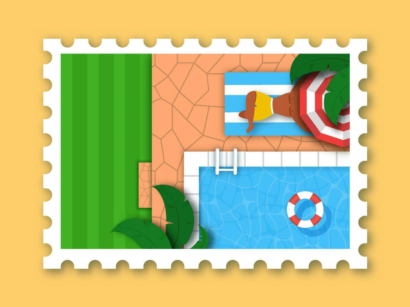 Top View Of Swimming Pool Near Man Lying Down At Sun Bed Against Yellow Background. vector