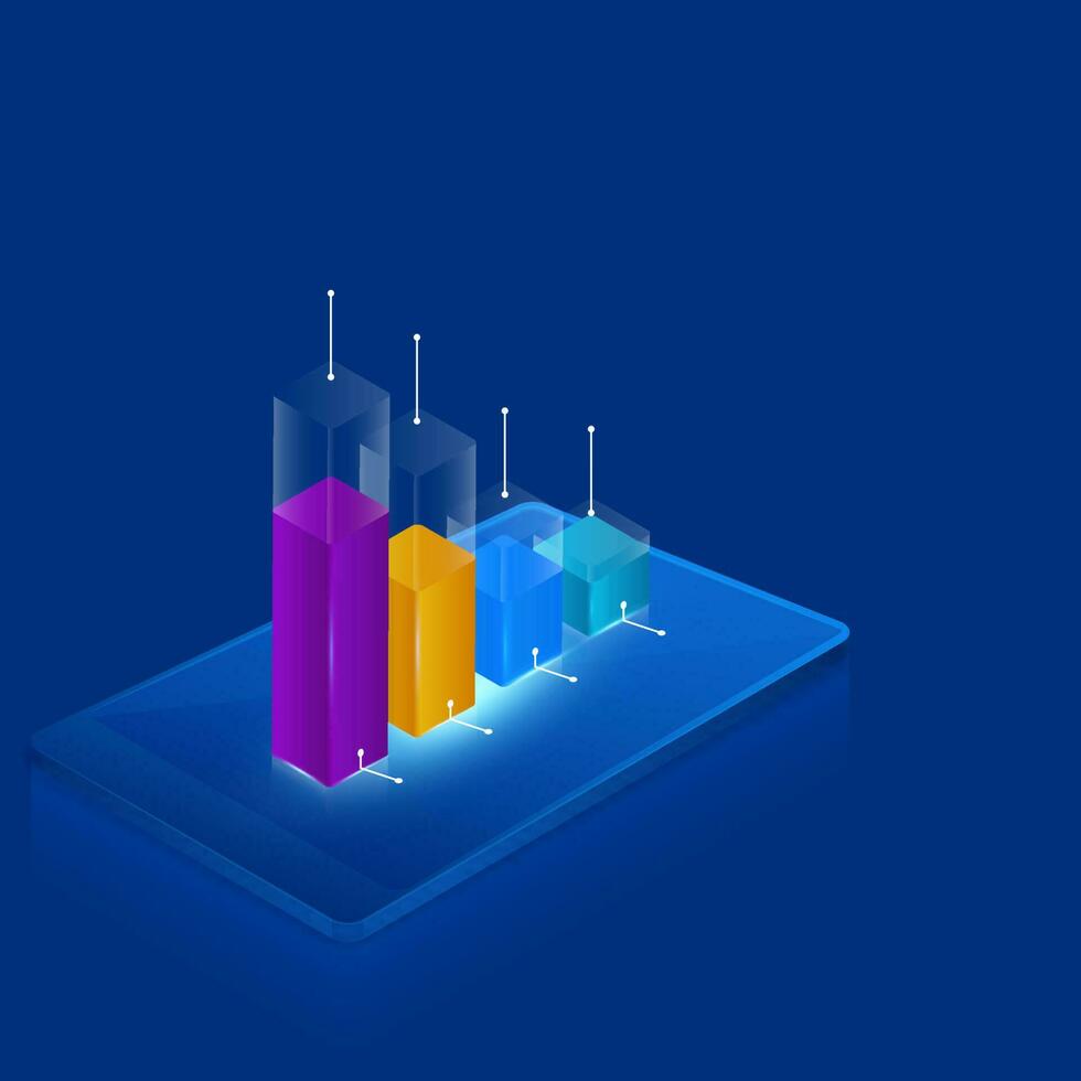 3D Render Of Colorful Growth Bar Graph Over Smartphone Screen On Blue Background. vector