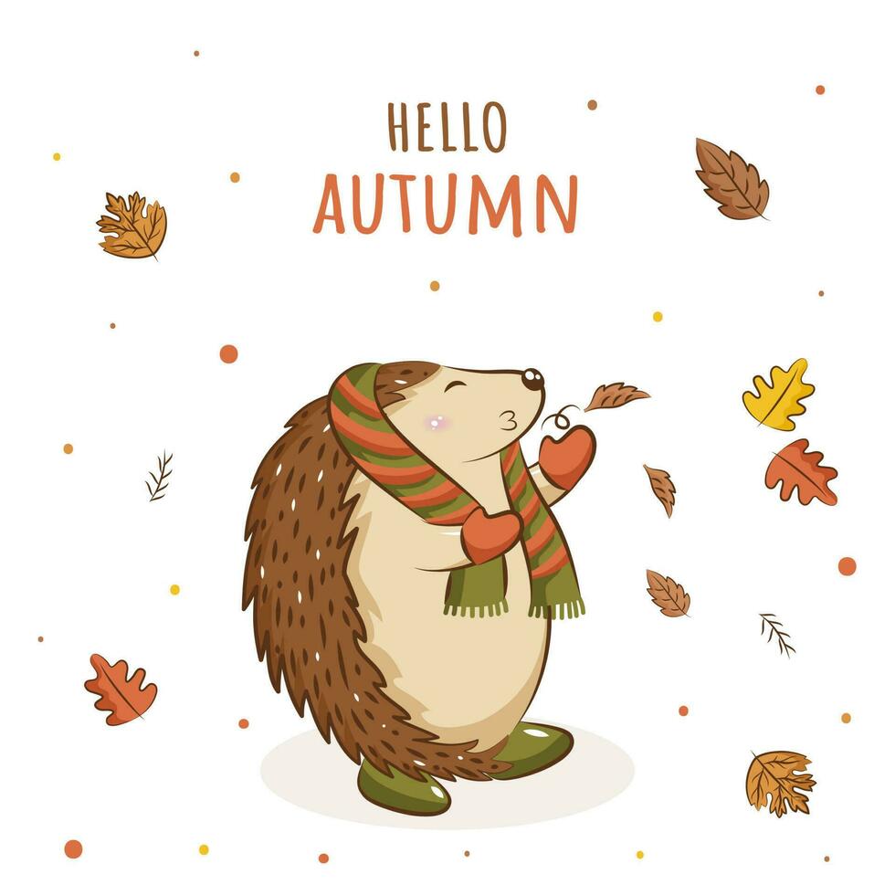 Hello Autumn Font With Cartoon Hedgehog Blowing Leaves On White Background. vector