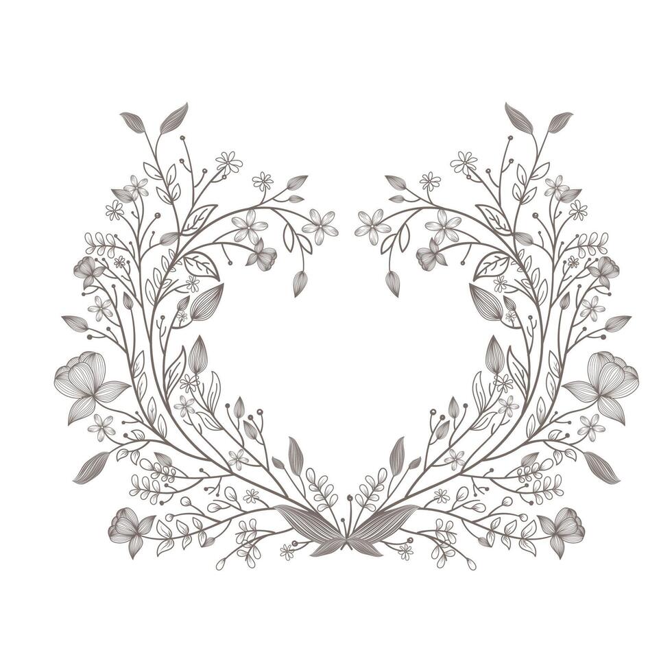 Hand Drawn Wreath or Floral Frame In Heart Shape. Illustration. vector
