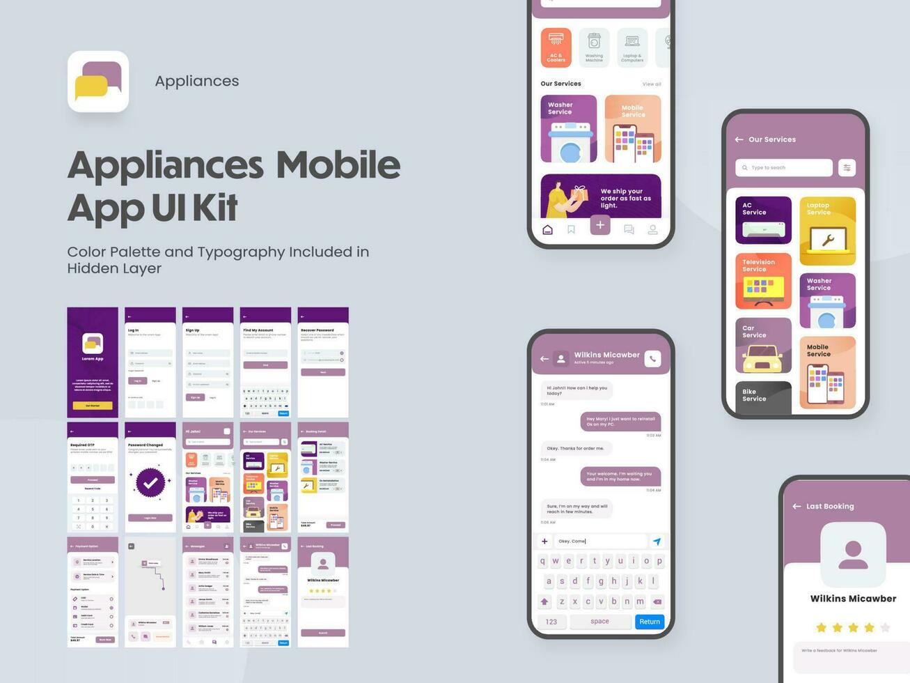 Appliances Mobile App UI Kit with Multiple Screens as Log in, Create Account, Profile, Order and Product Details. vector