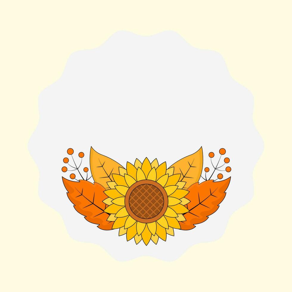 Flat Sunflower With Berry, Autumn Leaves Decorative White Circle Frame On Cosmic Latte Background. vector