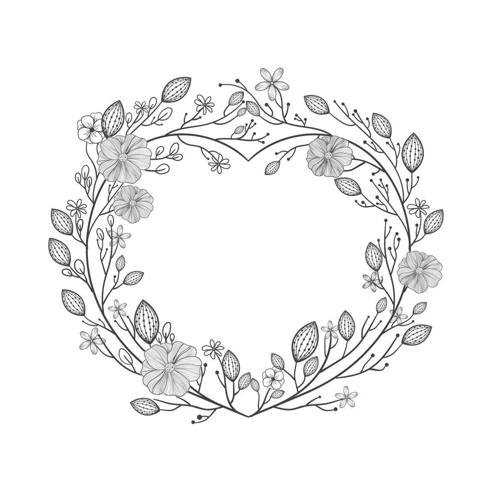 Hand Drawn Wreath or Floral Frame In Heart Shape. Illustration. vector