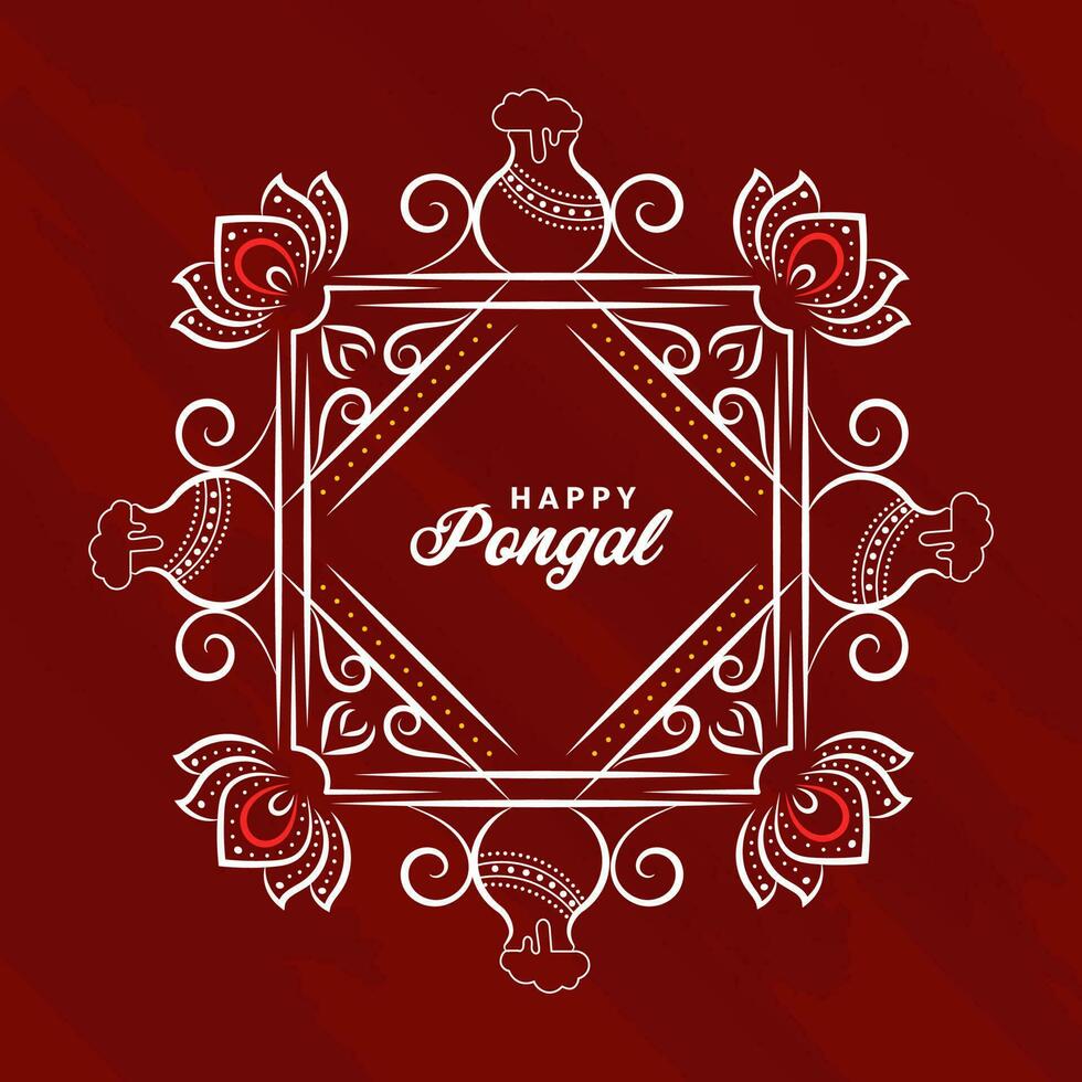 Happy Pongal Lettering Over Square Shape Kolam On Red Background. vector